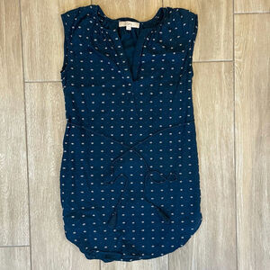 LOFT Polka Dot Mini Dress Womens XS Navy Sleeveless Tie Waist Cotton
